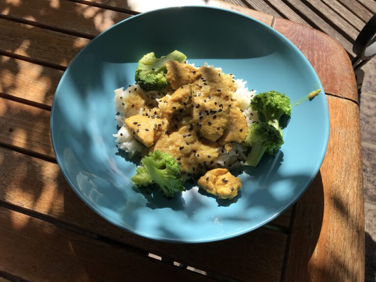 Fruchtiges Hähnchencurry mit Brokkoli und Basmati-Sesam-Reis ...